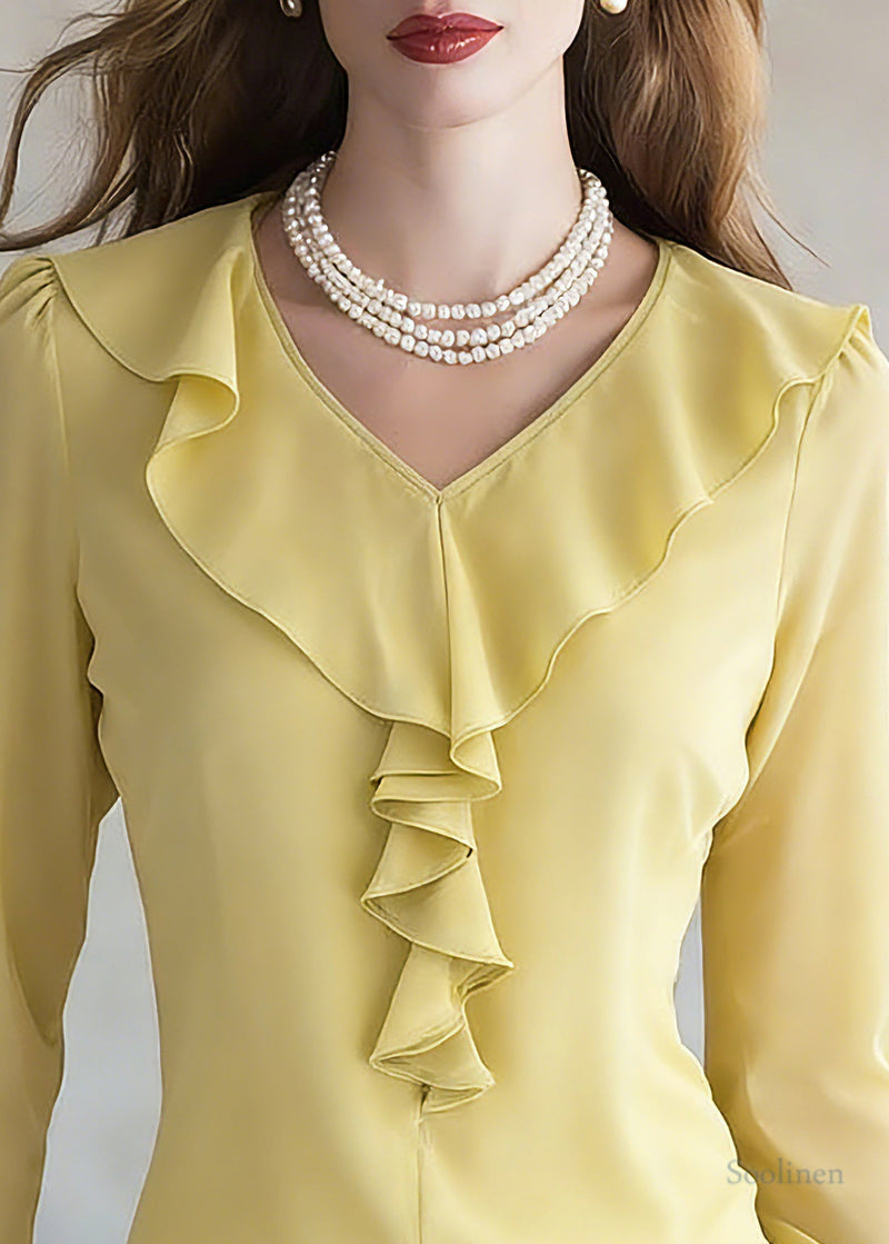 Brief Yellow V Neck Silk Shirt Spring