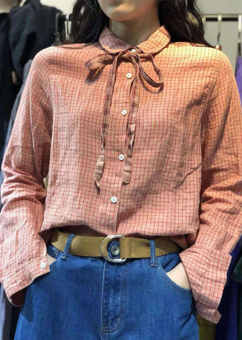 Brief Small Plaid Linen Blended Long Sleeve Tops