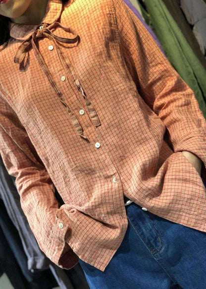Brief small plaid linen blended long sleeve tops