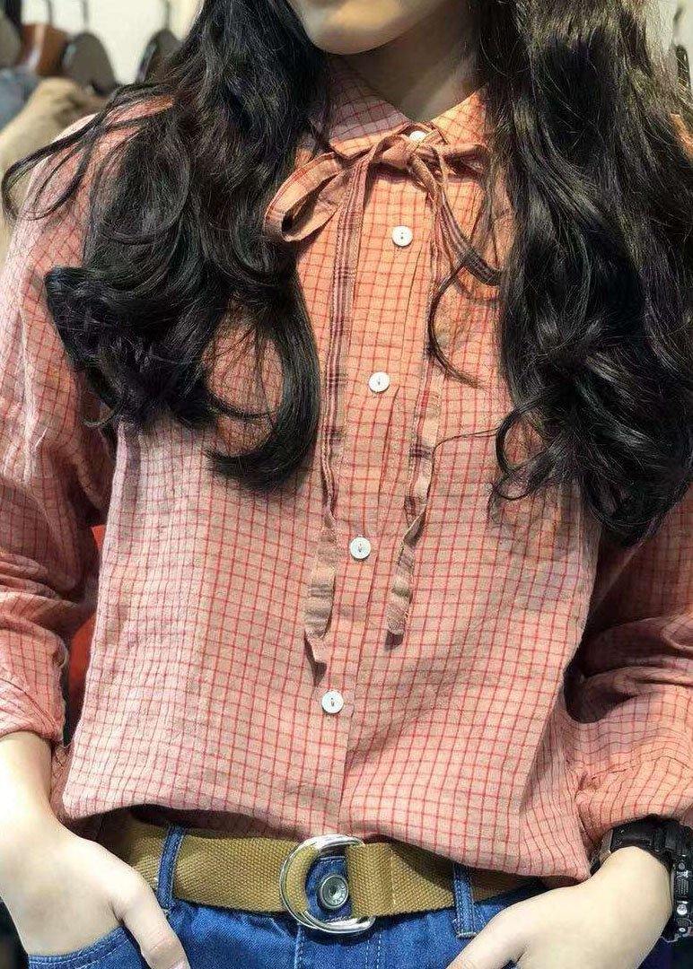 Brief small plaid linen blended long sleeve tops