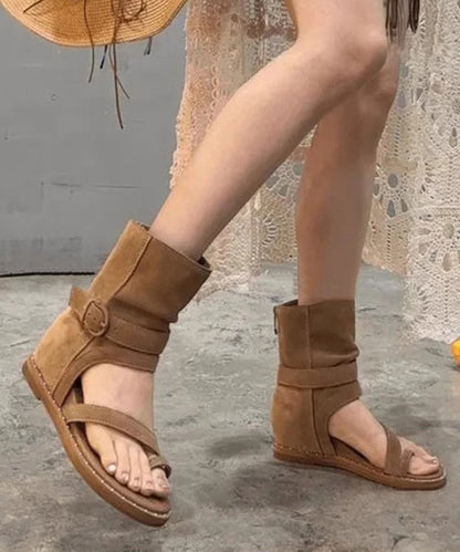 Brown Hollow Out Wedge Thong Sandals Boots