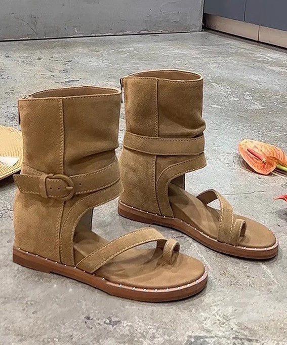 Brown Hollow Out Wedge Thong Sandals Boots