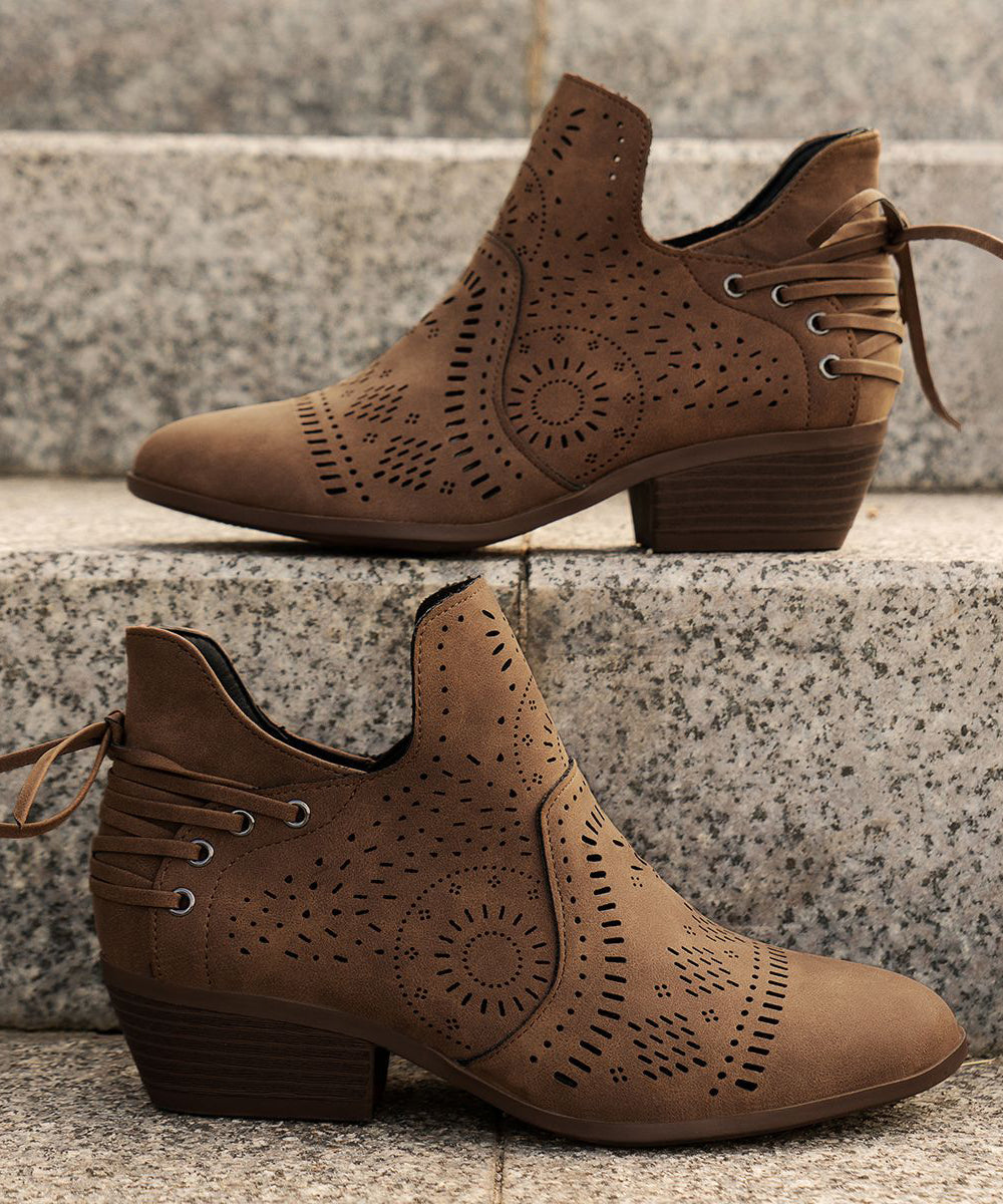 Brown Boots Chunky Faux Leather Hollow Out Ankle Boots