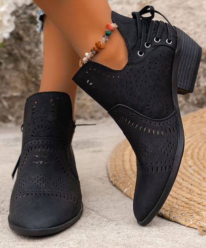 Brown Boots Chunky Faux Leather Hollow Out Ankle Boots