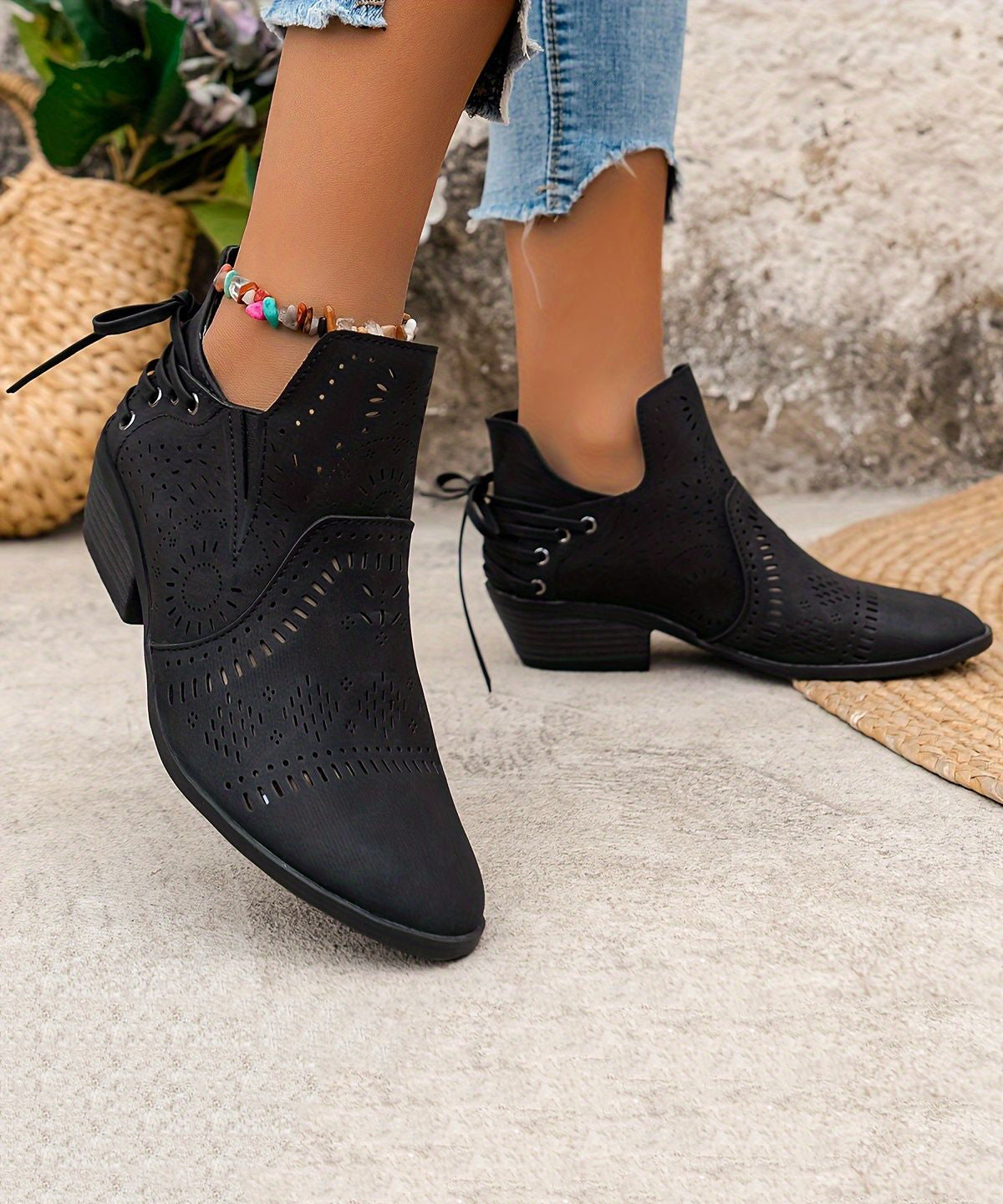 Brown Boots Chunky Faux Leather Hollow Out Ankle Boots