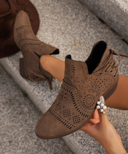 Brown Boots Chunky Faux Leather Hollow Out Ankle Boots
