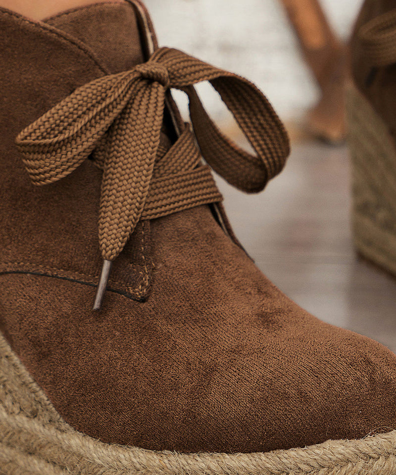 Brown Boots Lace Up Suede Straw Woven Wedge Heels Boots