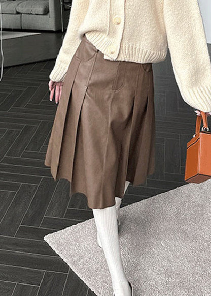 Brown Button High Waist Faux Leather Pleated Skirt Pockets