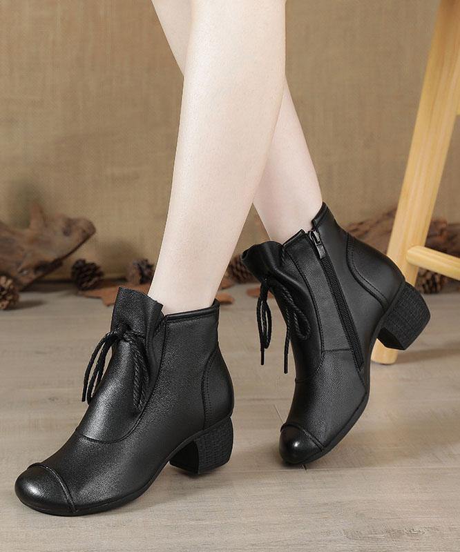 Brown Chunky Cowhide Leather Simple Splicing Ankle Boots