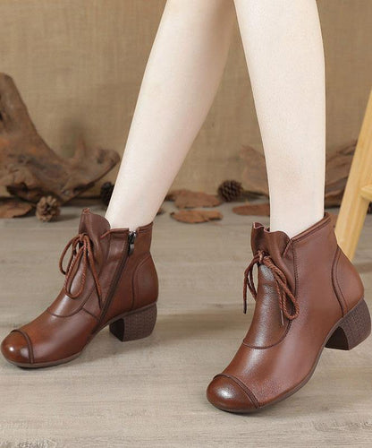 Brown Chunky Cowhide Leather Simple Splicing Ankle Boots