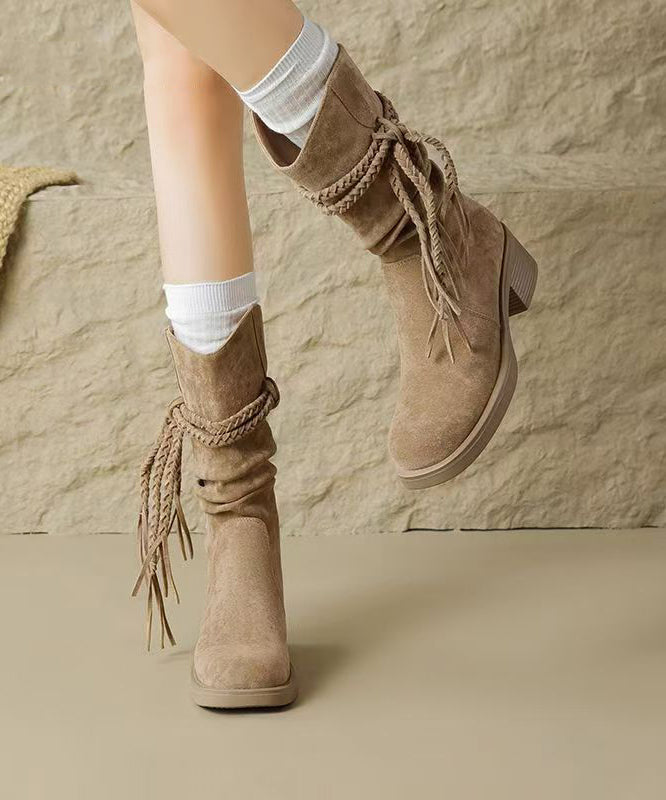 Brown Chunky Suede Tassel Splicing Cowboy Boots