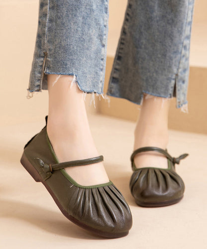 Brown Comfy Cowhide Leather Splicing Flat Shoes Wrinkled