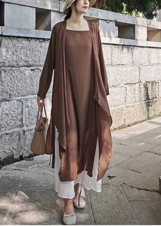 Brown Cotton Upf 50+ Long Cardigan Asymmetrical Long Sleeve