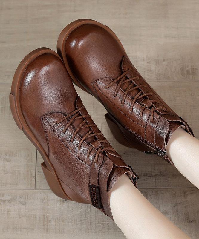 Brown Cowhide Leather Boots Cross Strap Ankle Boots