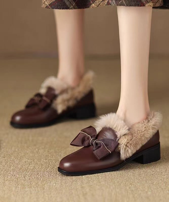 Brown Cowhide Leather Loafers Splicing Fuzzy Wool Lined