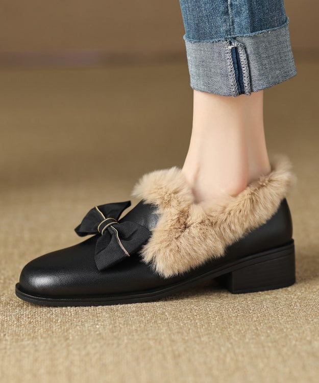 Brown Cowhide Leather Loafers Splicing Fuzzy Wool Lined
