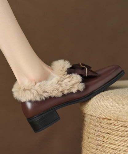 Brown Cowhide Leather Loafers Splicing Fuzzy Wool Lined