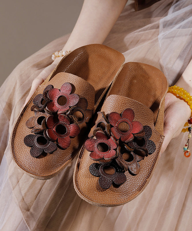 Brown Cowhide Leather Soft Splicing Hollow Out Slide Sandals