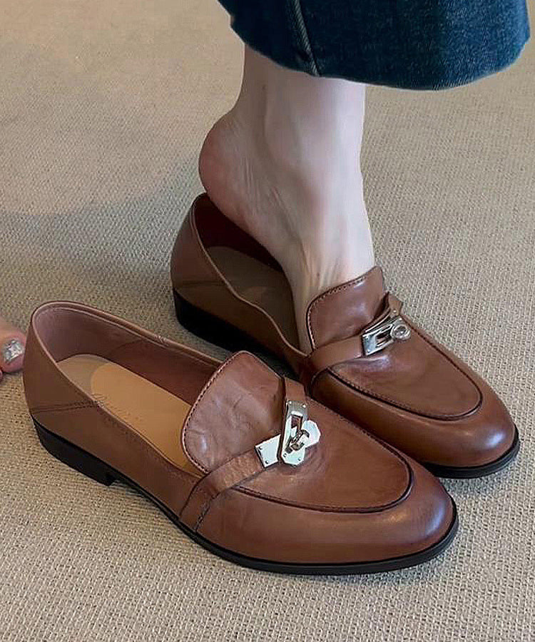 Brown Cowhide Leather Splicing Loafers for