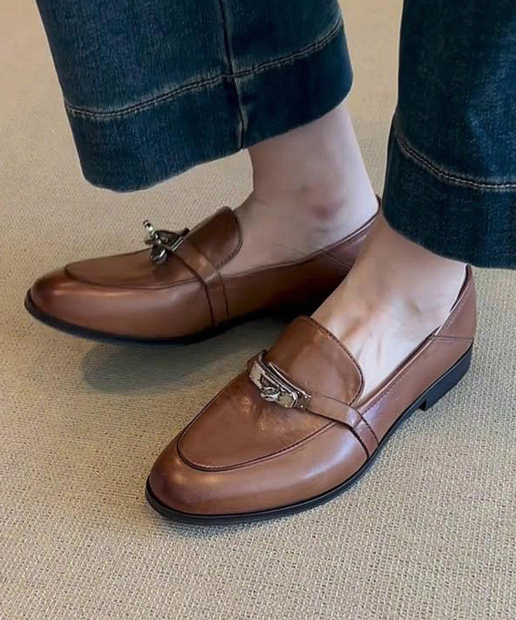 Brown Cowhide Leather Splicing Loafers for