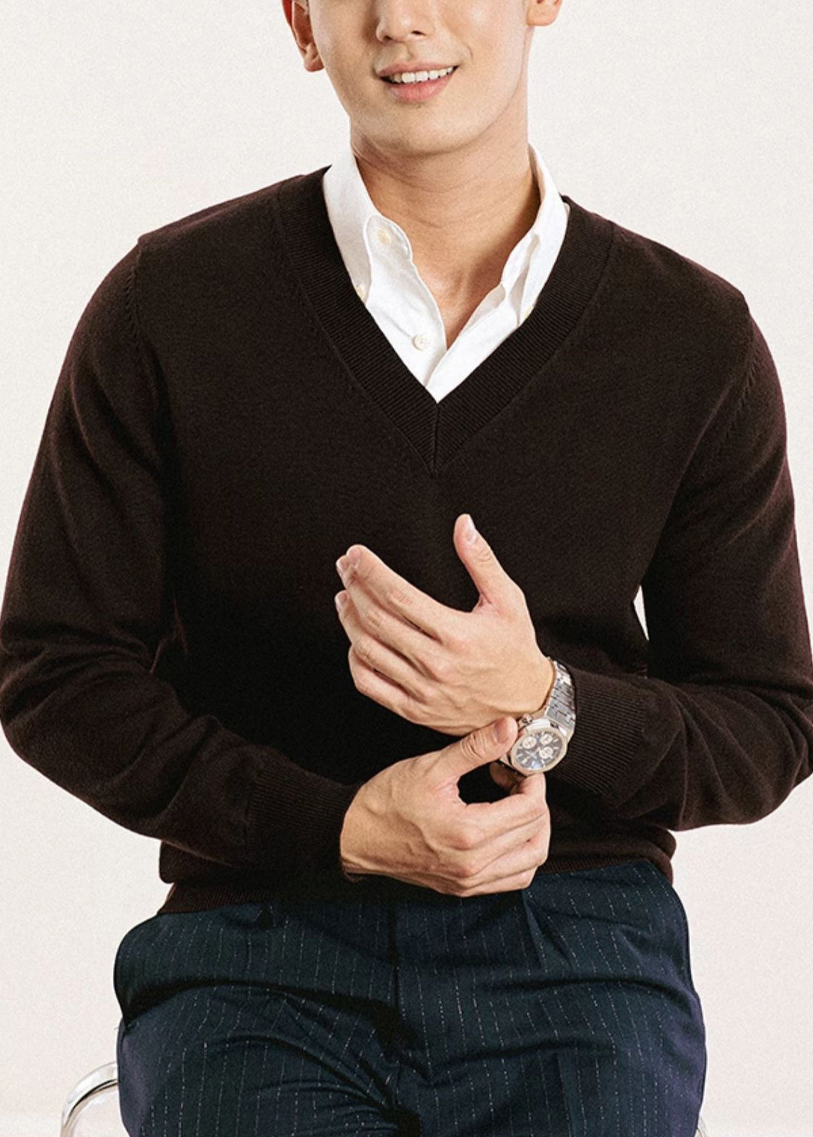 Brown Cozy Knit Sweater Tops V Neck