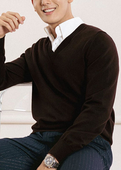 Brown Cozy Knit Sweater Tops V Neck