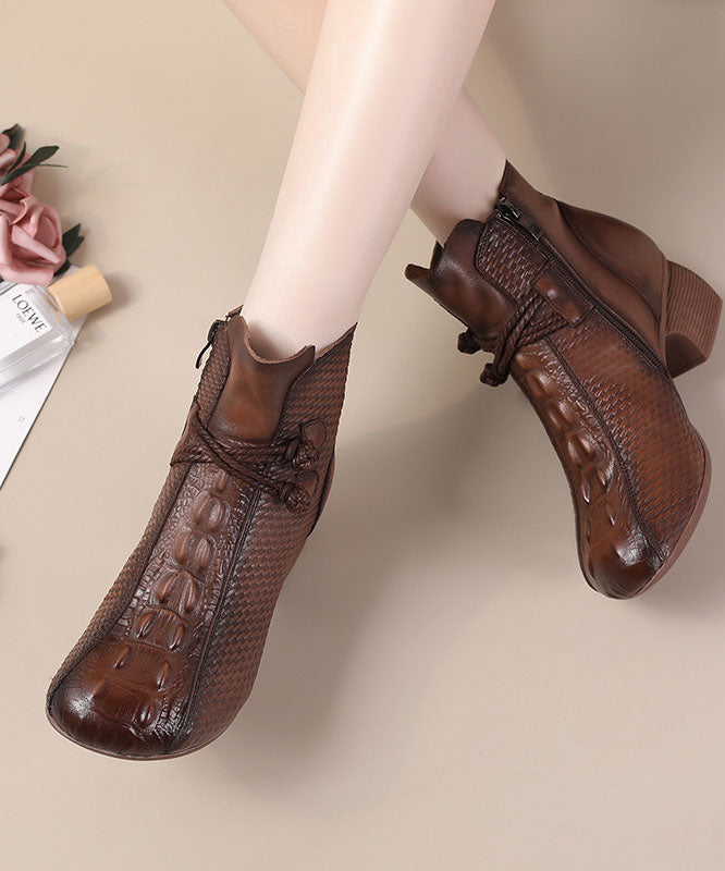 Brown Crocodile Pattern Boots Chunky Cowhide Leather Boots