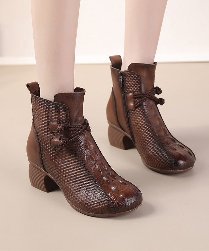 Brown Crocodile Pattern Boots Chunky Cowhide Leather Boots