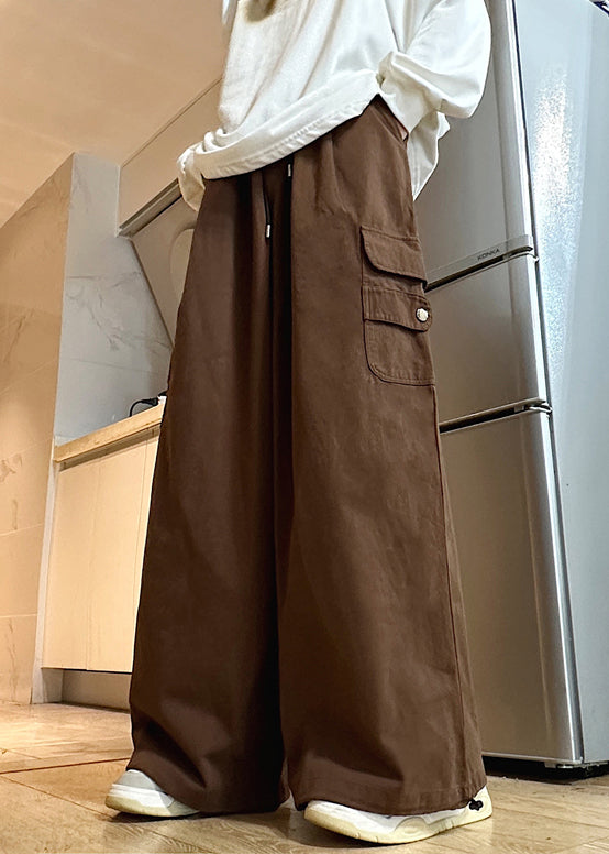 Brown Drawstring Cotton Wide Leg Pants Elastic Waist