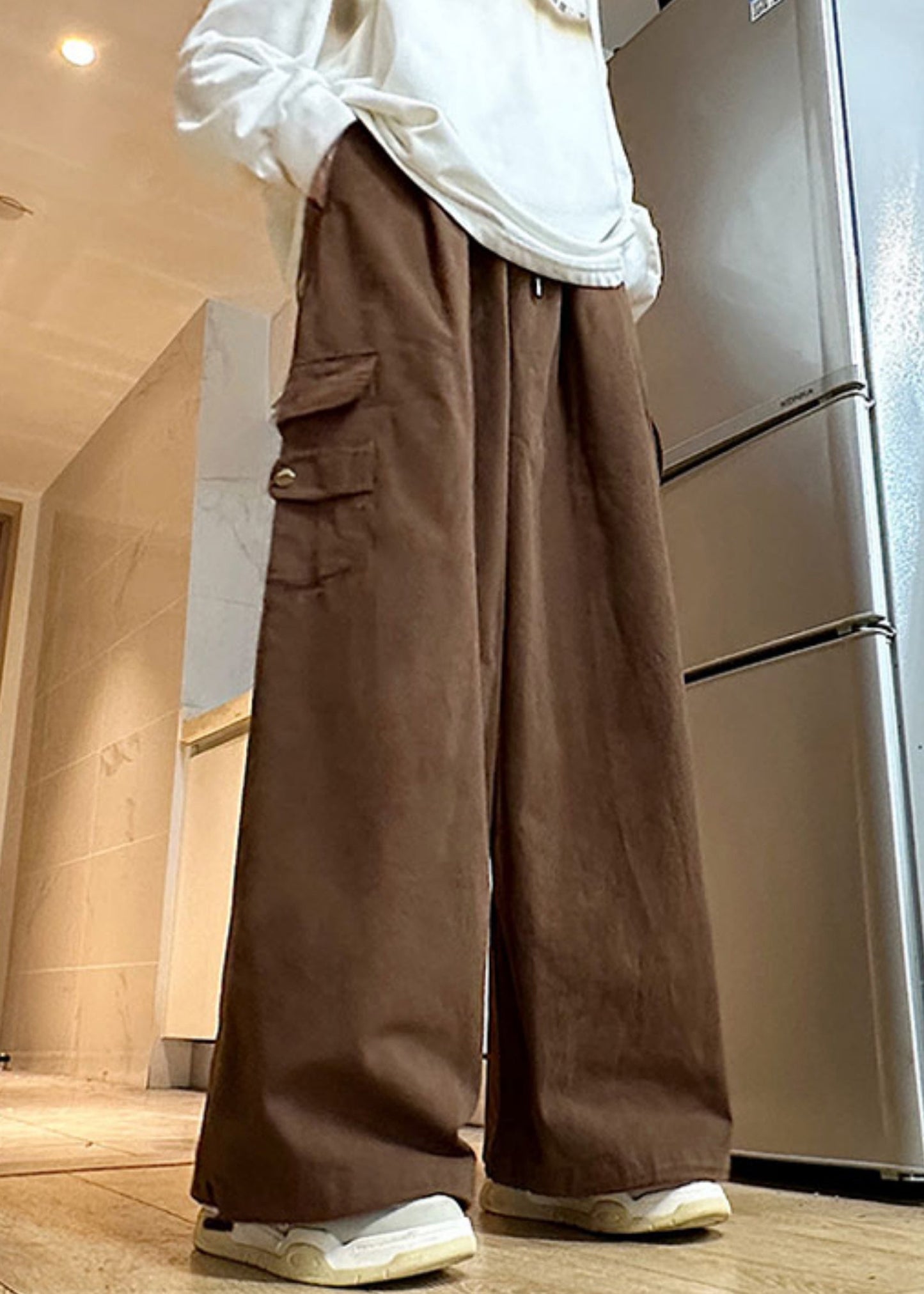 Brown Drawstring Cotton Wide Leg Pants Elastic Waist