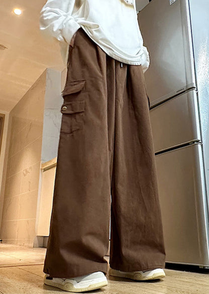 Brown Drawstring Cotton Wide Leg Pants Elastic Waist