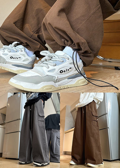 Brown Drawstring Cotton Wide Leg Pants Elastic Waist