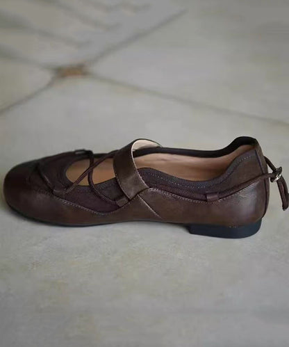 Brown Faux Leather Cross Strap Splicing Flat Shoes for