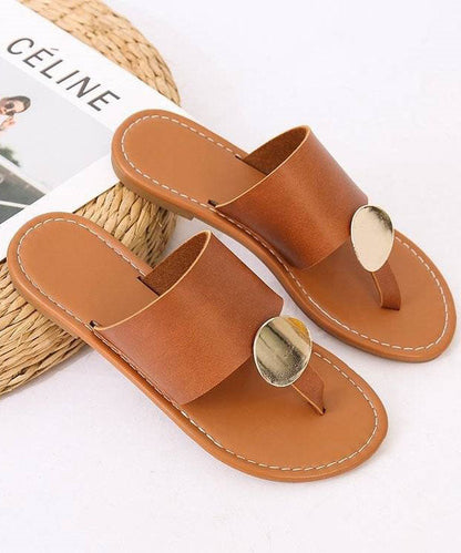 Brown Faux Leather Sequined Splicing Flip Flops Sandals