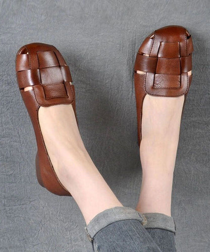 Brown Flat Feet Shoes Cowhide Leather Stylish Splicing Flat Shoes for