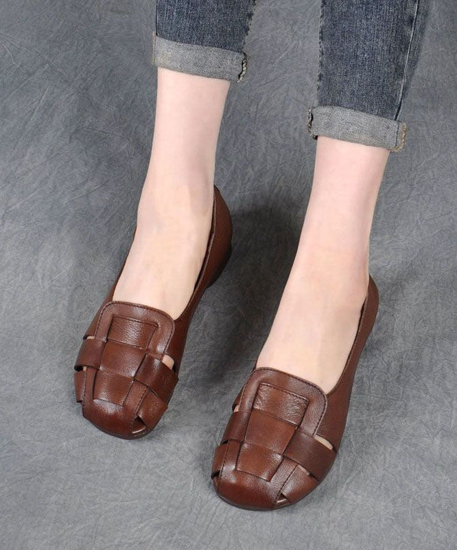 Brown Flat Feet Shoes Cowhide Leather Stylish Splicing Flat Shoes for