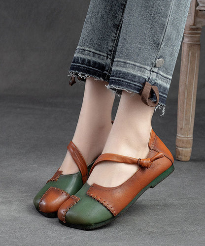 Brown Flats Cowhide Leather Splicing Flat Feet Shoes
