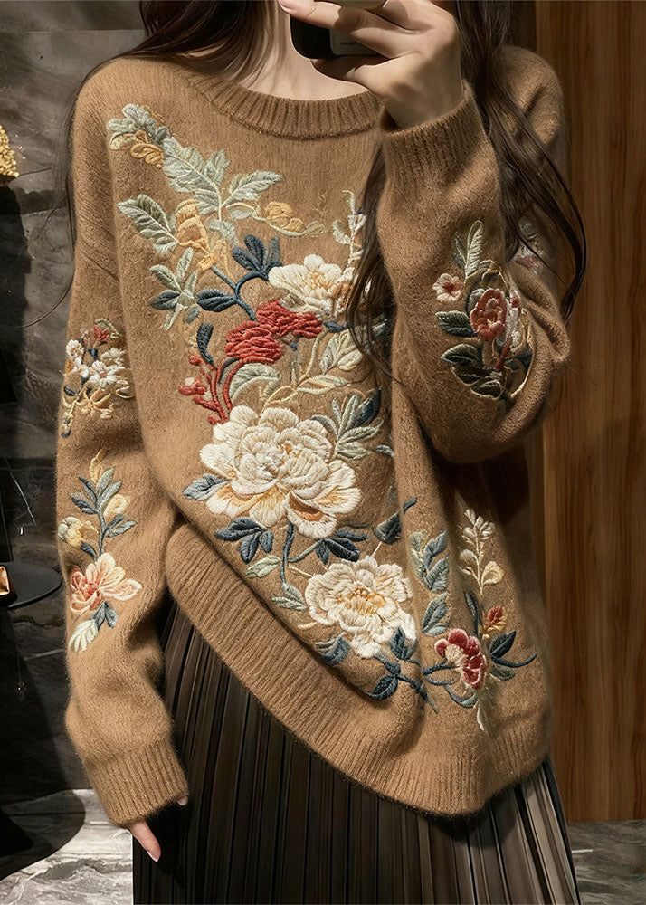 Brown Cozy Knit Knit Sweaters O Neck Spring