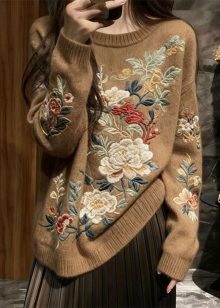 Brown Cozy Knit Knit Sweaters O Neck Spring