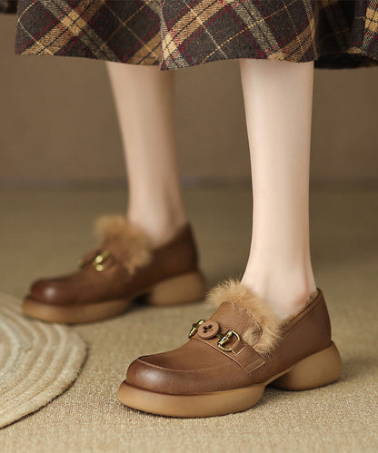 Brown Fuzzy Wool Lined Splicing Platform Loafers for