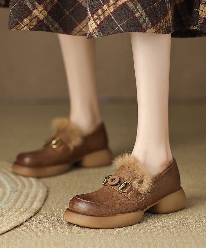 Brown Fuzzy Wool Lined Splicing Platform Loafers for