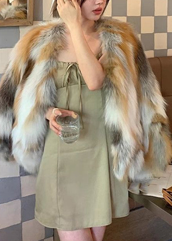 Brown Grey Leather and Fur Coats Coat V Neck