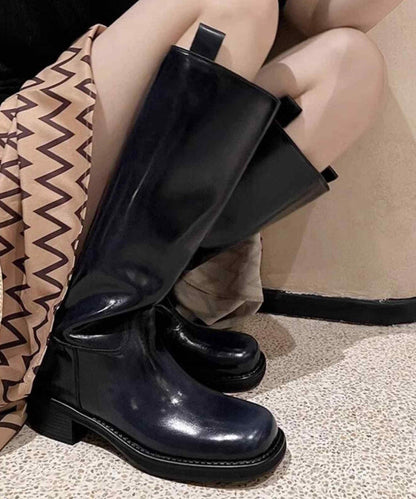 Brown High Boots Chunky Heel Faux Leather Splicing