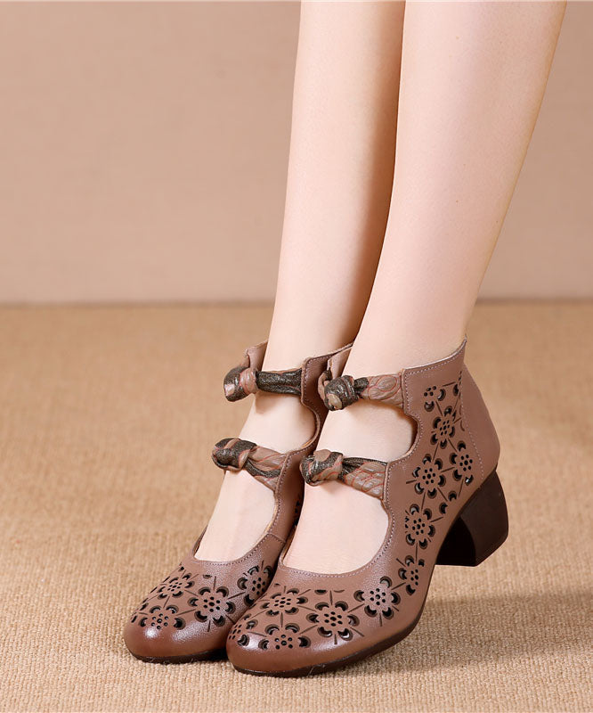 Brown High Heels Chunky Cowhide Leather Hollow Out High Heels