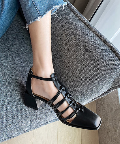 Brown Hollow Out Buckle Strap Splicing Chunky Sandals