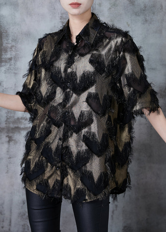 Brown Hollow Out Chiffon Blouse Tops Tasseled Summer