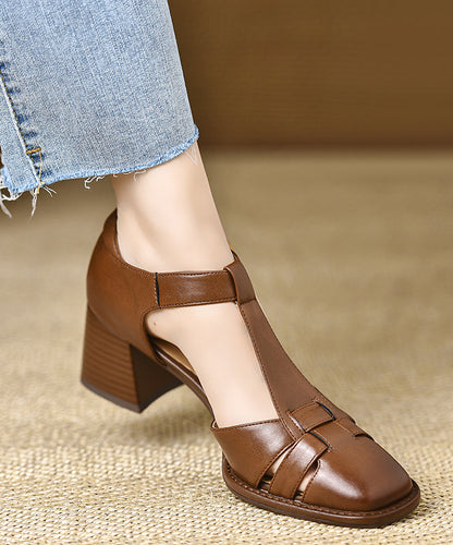 Brown Hollow Out Chunky Cowhide Leather Splicing Sandals