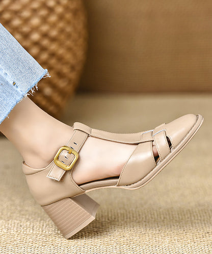 Brown Hollow Out Chunky Cowhide Leather Splicing Sandals
