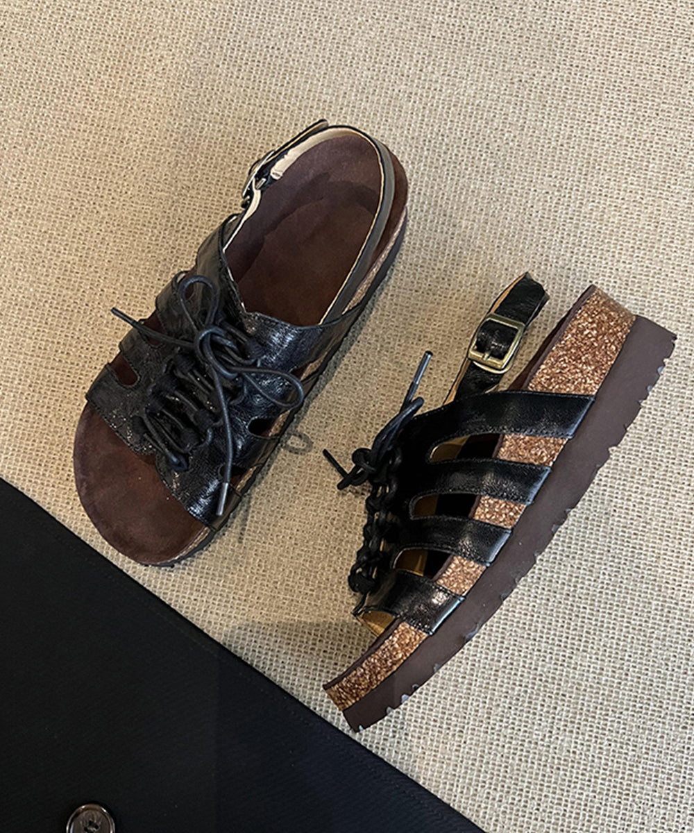 Brown Hollow Out Lace Up Splicing Platform Sandals Peep Toe