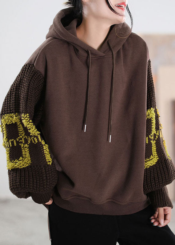 Brown Hooded Knit Patchwork Warm Fleece Sweatshirts Tracksuits Winter